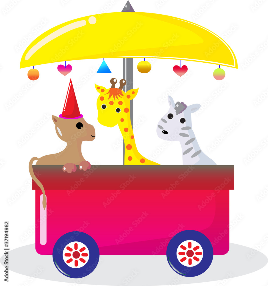 Obraz premium Dog giraffe and zebra sitting on the bus.