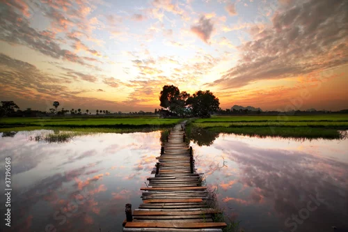 Obraz drewniany most przechodzący przez rzekę