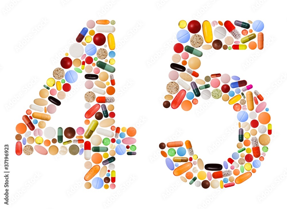 Numbers 4 and 5 made of various colorful pills