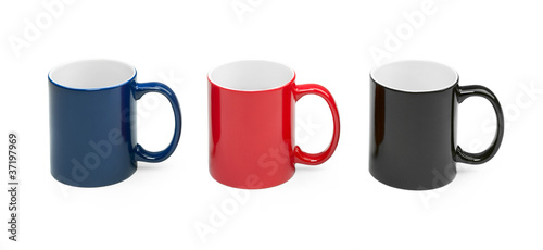 three colorful isolated cups in a row