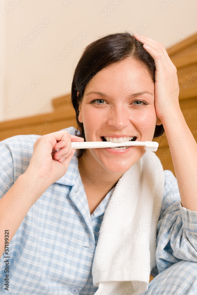Home morning woman hold toothbrush in mouth Home morning woman hold toothbrush in mouth