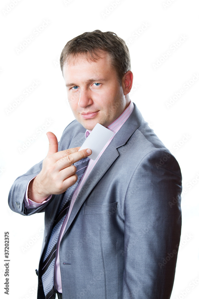 young business man in stylish suit holding business card young business man in stylish suit holding business card