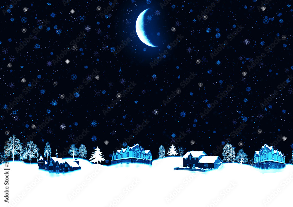 Idyllic scene in winter under a moonlit sky