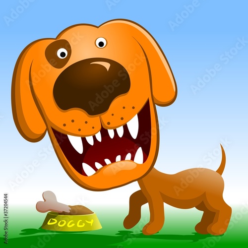 Angry dog. Cartoon dog guarding a bowl with a bone.