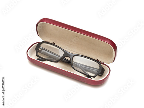 Black glasses with case, isolated on white background