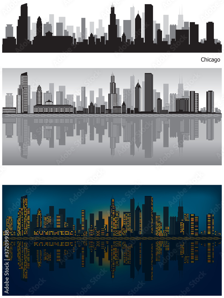 Naklejka premium Chicago skyline with reflection in water