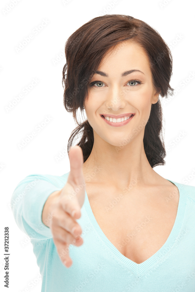 woman with an open hand ready for handshake woman with an open hand ready for handshake