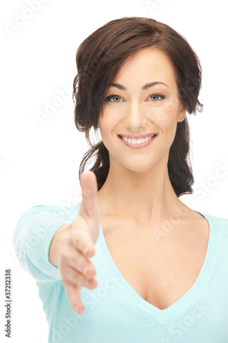 woman with an open hand ready for handshake