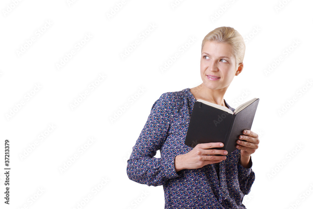 Young happy women with notepad, isolated on white Young happy women with notepad, isolated on white