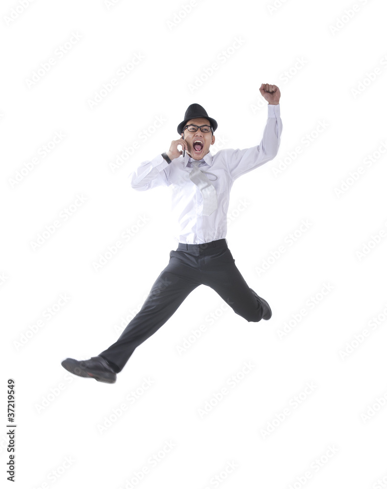 Businessman on the phone Jumping Businessman on the phone Jumping