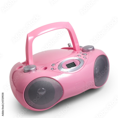 Photos stereo cd pink mp3 radio cassette recorder is isolated on a whit
