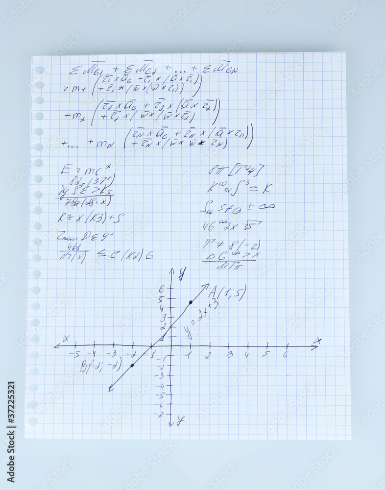 Physics and geometry on copybook page isolated on white Physics and geometry on copybook page isolated on white
