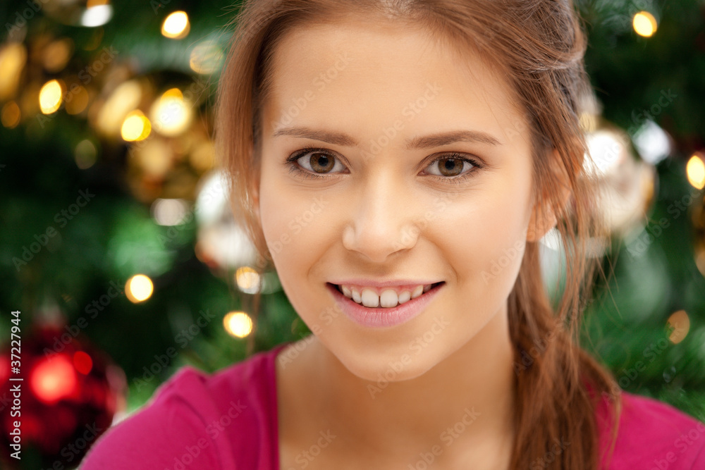 happy and smiling woman with christmas tree happy and smiling woman with christmas tree