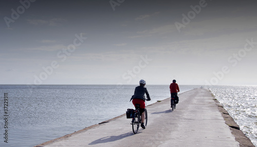 Cyclists ride on concrete pier in Curonian Lagoon.