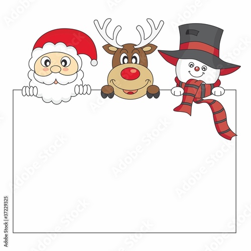 Tarjeta navidad. Reno, santa Claus y muñeco de nieve