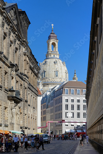Street Augustusstrasse and view on the Frauenkirche in Dresden,