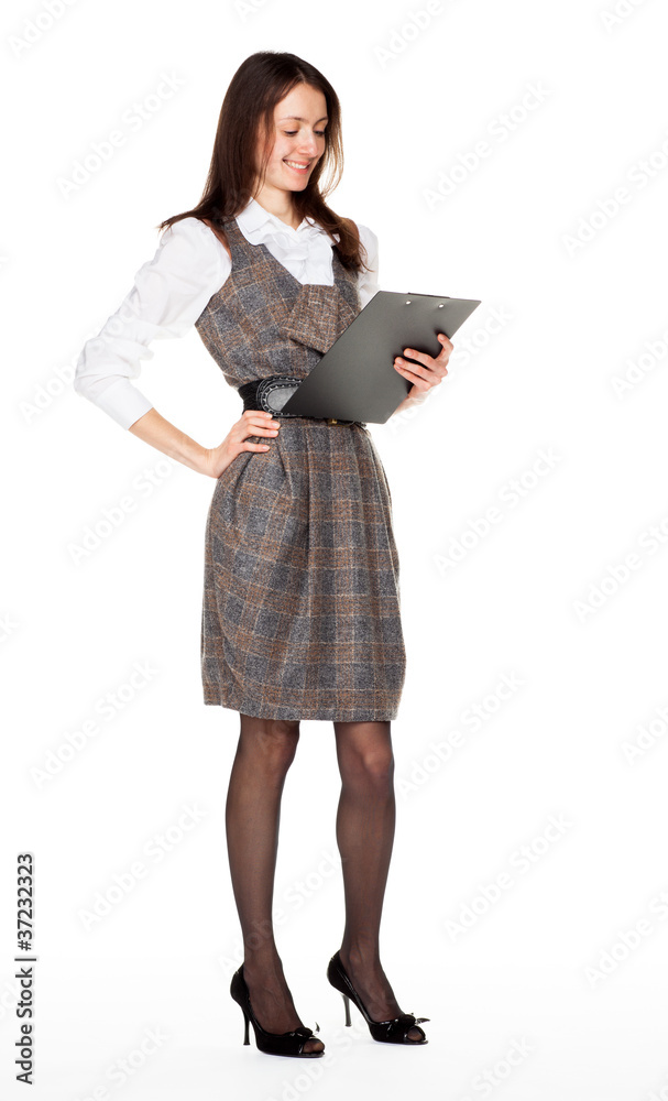 Young successful smiling businesswoman with clipboard