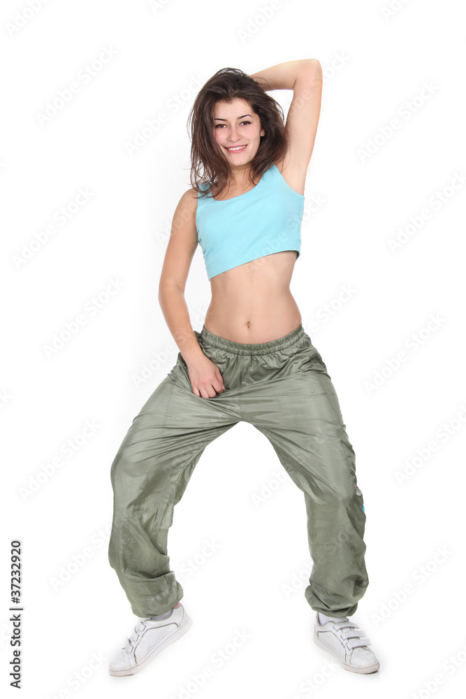 young attractive woman dancing fitness over white young attractive woman dancing fitness over white