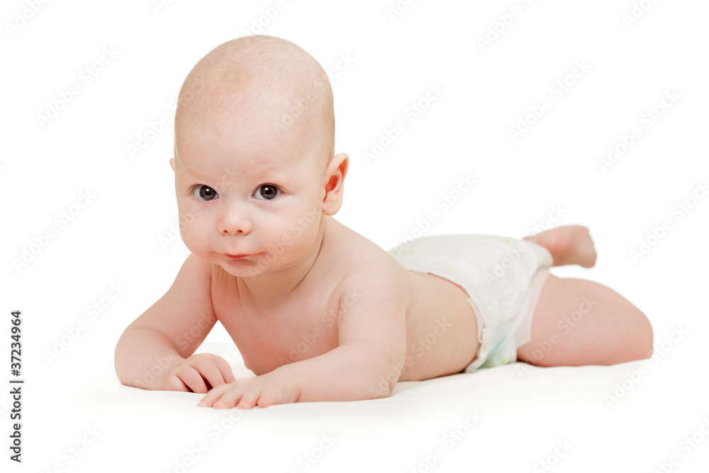 funny baby boy lying on tummy isolated on white background funny baby boy lying on tummy isolated on white background