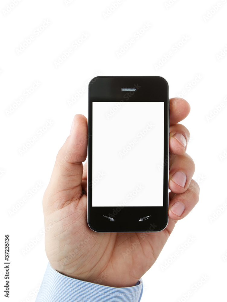 Hand holding blank smart phone with clipping path for the screen Hand holding blank smart phone with clipping path for the screen