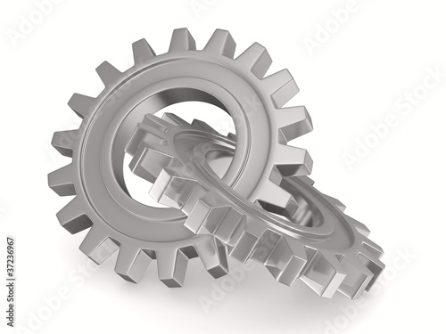 Two chrome gears on white b...