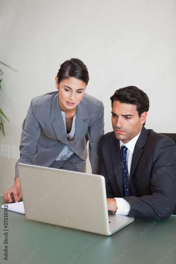 Portrait of sales persons working with a notebook Portrait of sales persons working with a notebook