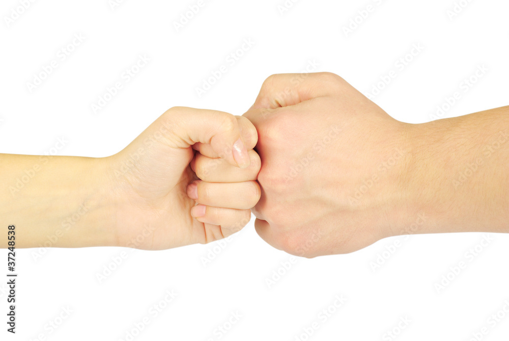 Two hands: man and woman, isolated on white Two hands: man and woman, isolated on white