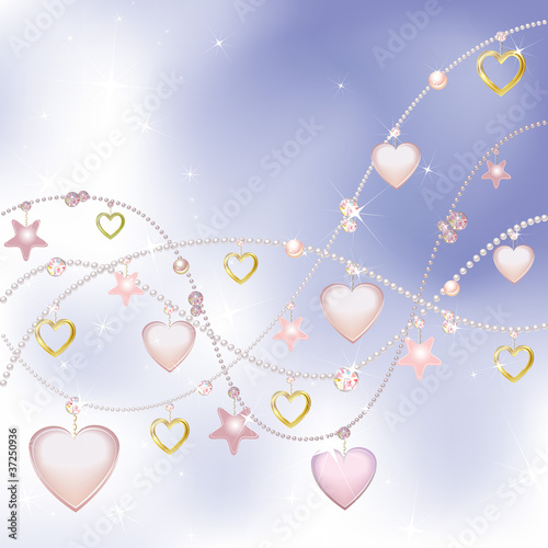 Pink pearls, stars and hearts on a light background