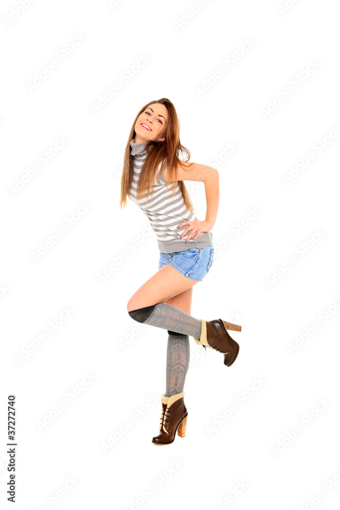 young woman in jeans shorts