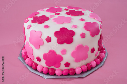 White Fondant Cake with Pink Flowers