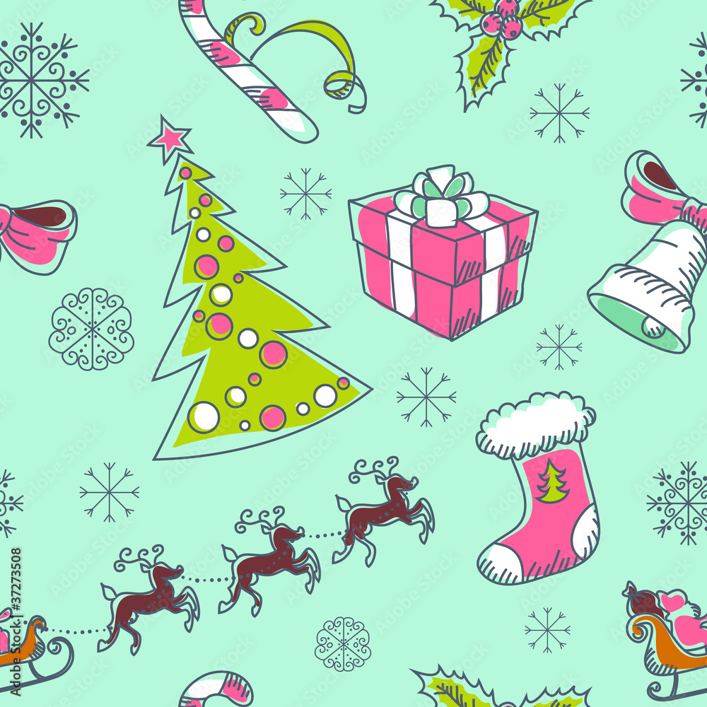 Naklejka premium Seamless Christmas hand drawn pattern with sketch fir tree