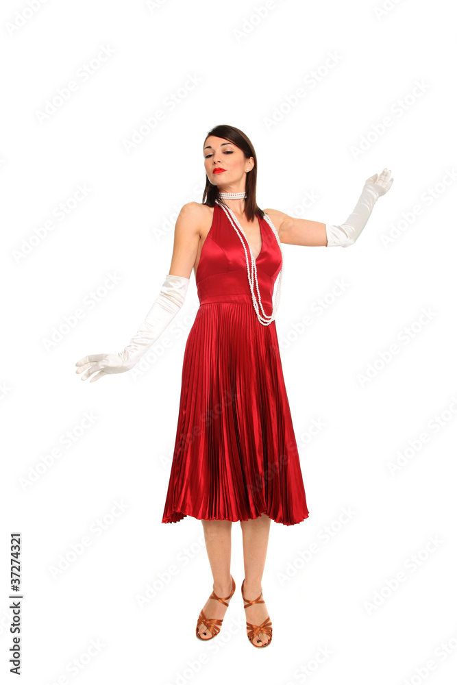 young woman in red dress and white gloves young woman in red dress and white gloves