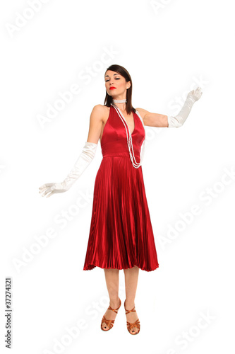 young woman in red dress and white gloves