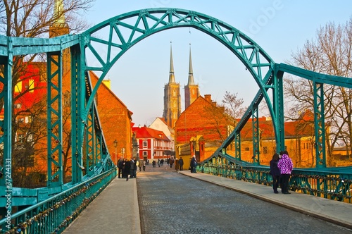Bridge of lovers and cathedral in Wroclaw, Poland