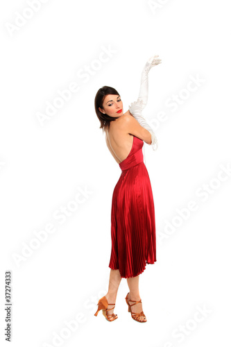 young woman in red dress and white gloves