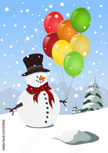 Happy snowman holding colorful balloons