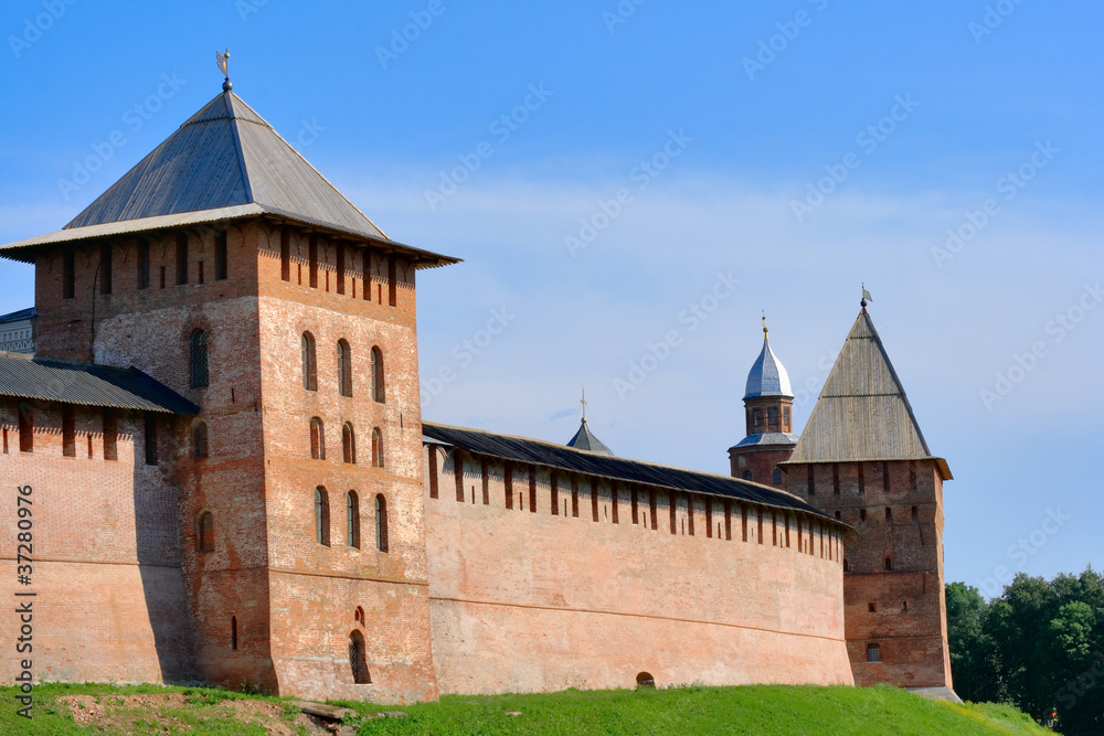 view on a fortification and a towers in Novgorod