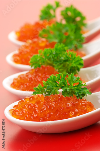Salmon caviar in spoons