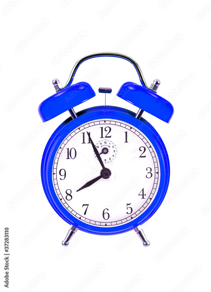 close up of a blue bell clock (alarm clock) isolated on white ba - obrazy, fototapety, plakaty 
