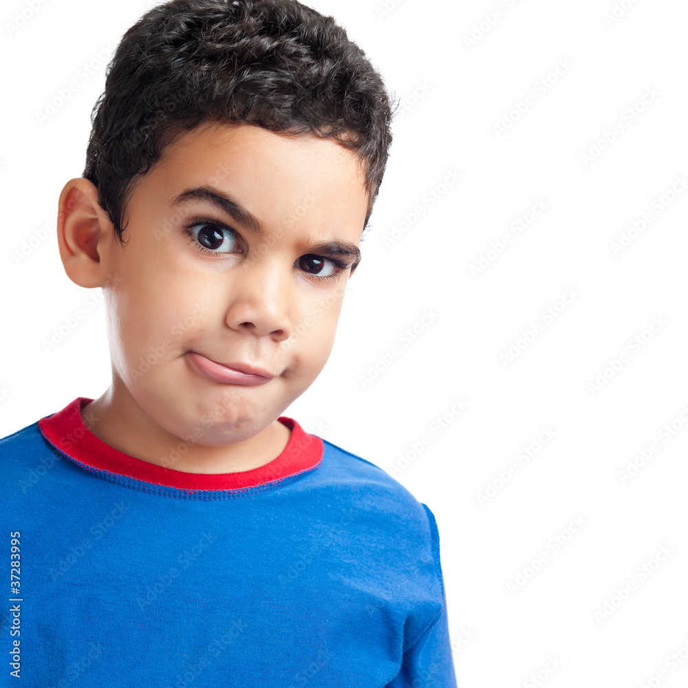 Funny portrait of a cute hispanic boy isolated on white Funny portrait of a cute hispanic boy isolated on white