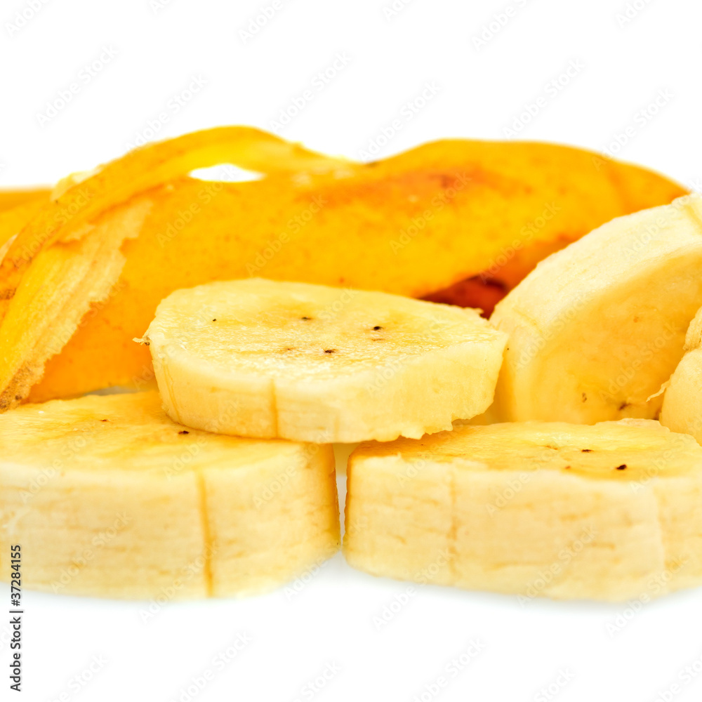 Sliced banana isolated on white with space for text Sliced banana isolated on white with space for text