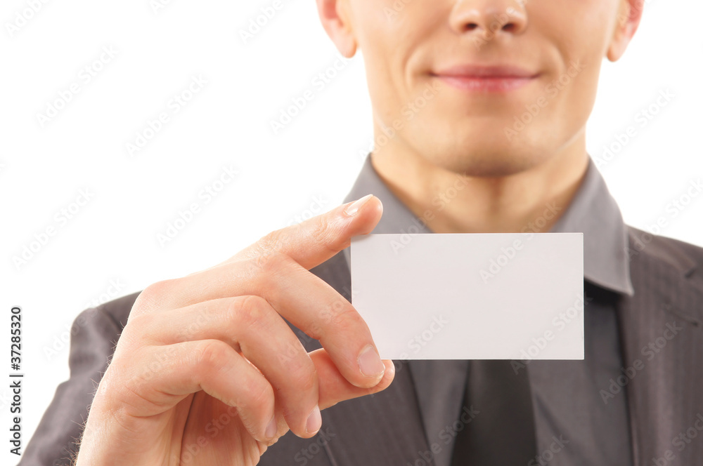 Portrait of a young businessman holding a visit card Portrait of a young businessman holding a visit card