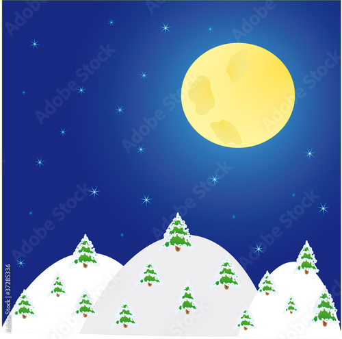 night winter landscape with trees and moon