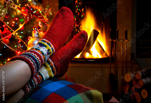 romantic winter evening by the fireplace Christmas