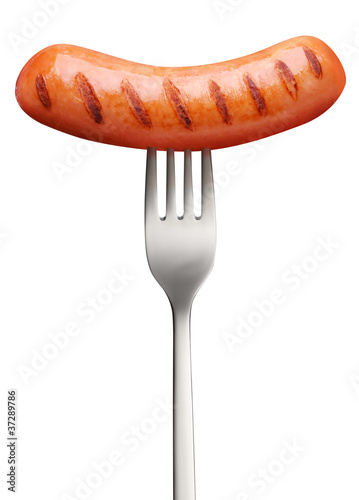Obraz na plátně Sausage, prick with a fork