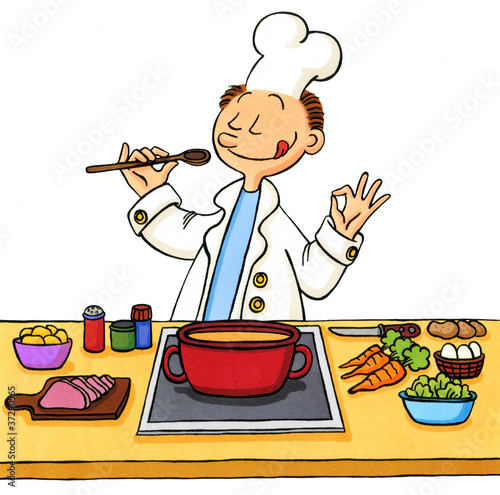 Cartoon Koch beim Kochen Stock-Illustration | Adobe Stock