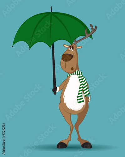 Reindeer in green scarf standing under green umbrella