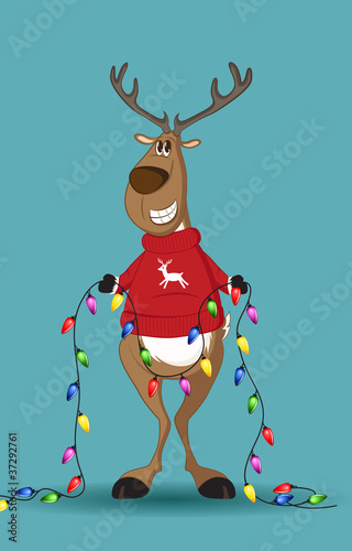 Reindeer in red jumper holding a line of light-bulbs