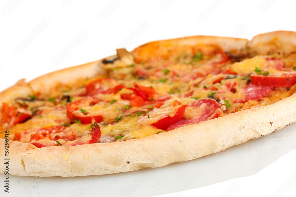 delicious pizza with sausage and vegetables isolated on white