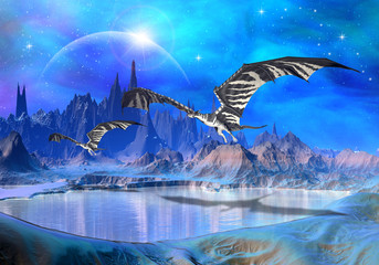 Fotobehang Draken Draken boven betoverde fantasiewereld  © diversepixel